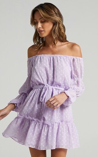 Party Life Mini Dress - Off Shoulder Tie Waist Dress in Lilac