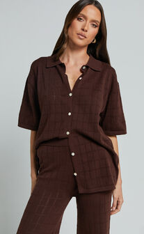 Tommy Two Piece Set - Knit Button Through Top and Pants Two Piece Set in Chocolate