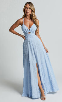 Marisse Maxi Dress - Cut Out Front Split Cross Back Textured Dress in Blue