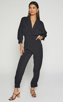 Ayelin Jumpsuit - Linen Relaxed 3/4 Sleeve Jumpsuit in Black
