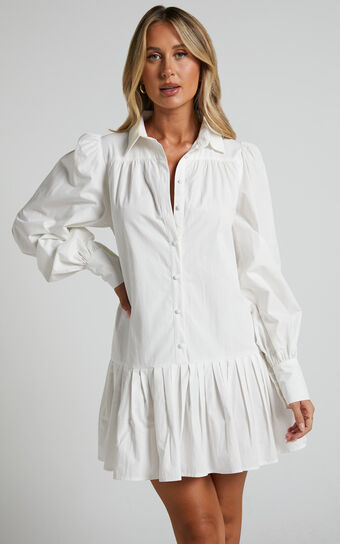 Brydie Mini Dress - Blouson Sleeve Pleat Hem Shift Shirt Dress in White