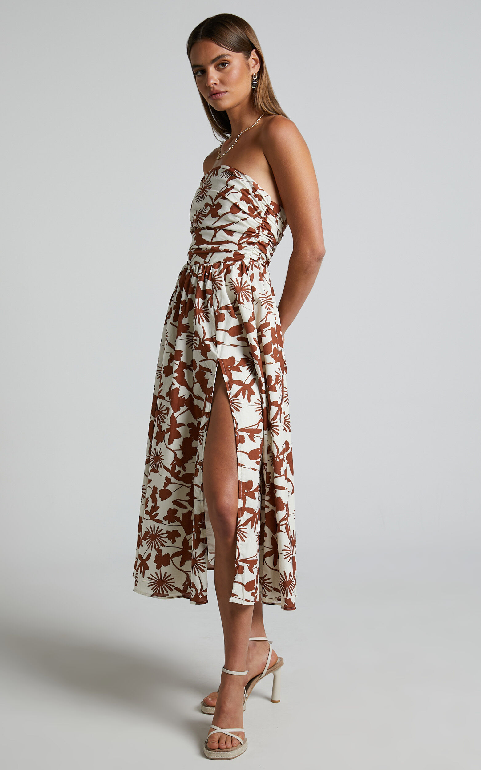 Evita Midi Dress Ruched High Split Strapless Dress in Multi Showpo