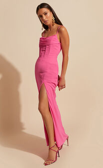 Blair Midi Dress - Corset Detail Thigh Split Dress in Pink