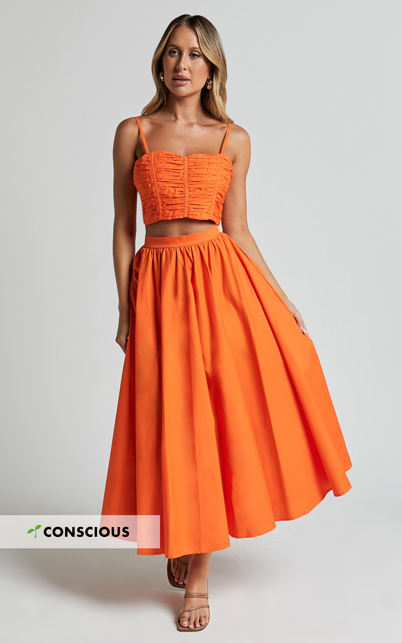 Astrid Two Piece Set - Ruched Chest Top and Midi Skirt Set in Orange - 06, ORG1