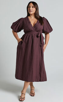 Amalie The Label - Franc Linen Puff Sleeve Wrap Midi Dress in Dark Plum