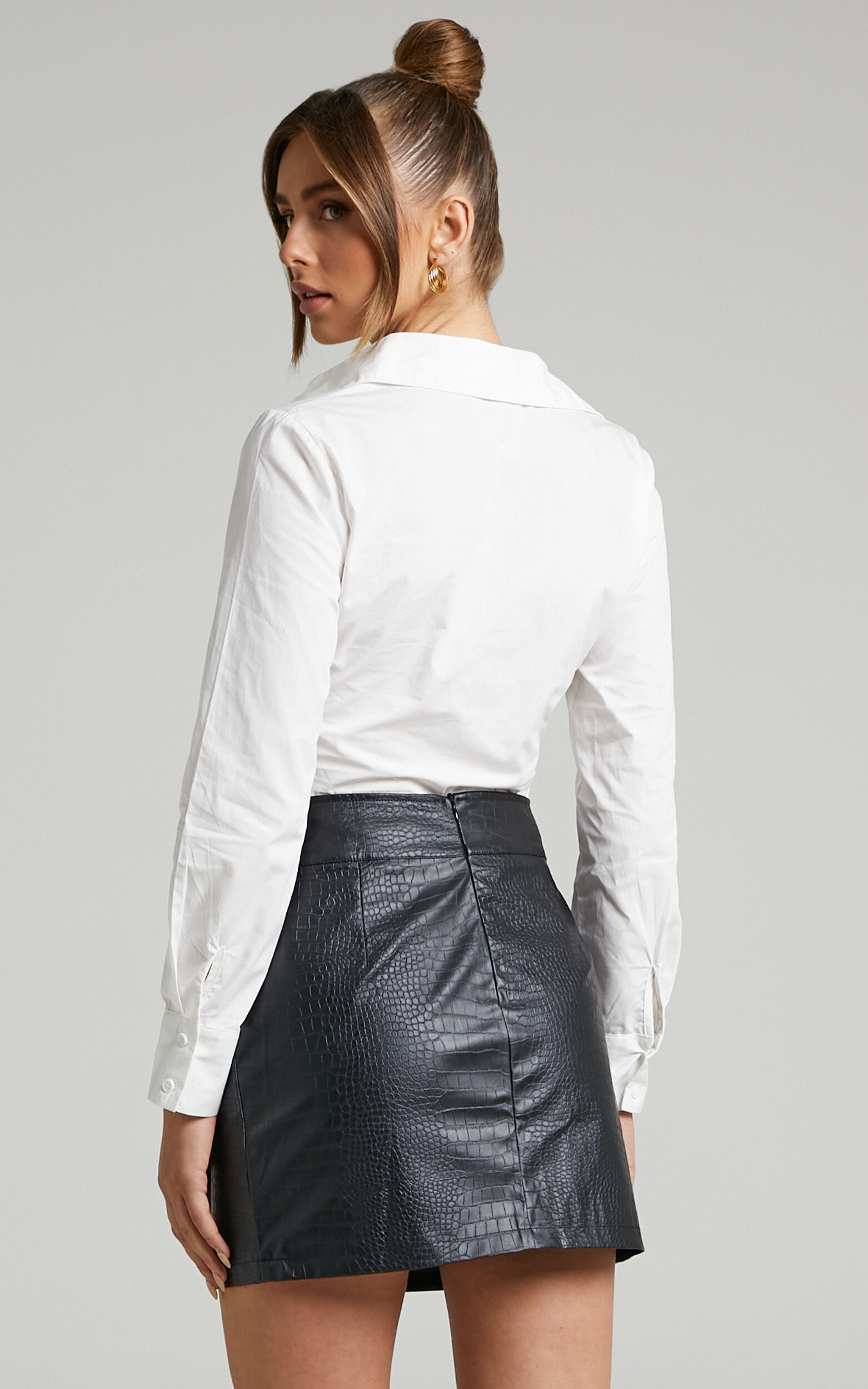 Leonara Mini Skirt Faux Leather Croc Embossed Belted Skirt in Black Showpo