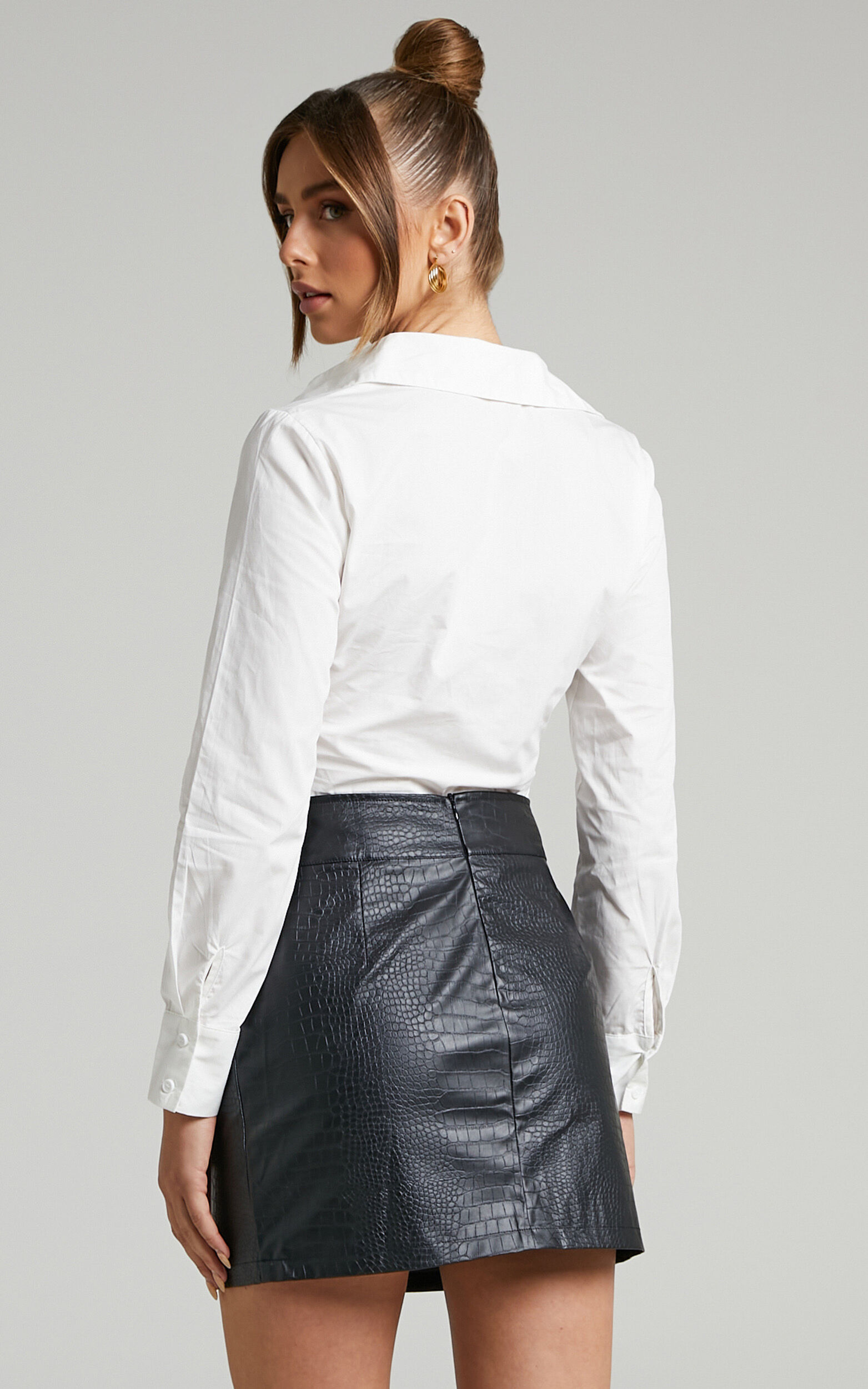 Leonara Mini Skirt - Faux Leather Croc Embossed Belted Skirt in Black ...