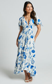 Eleanor Midi Dress - V Neck Short Puff Sleeve Dress in Blue Print