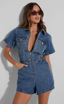 Mauriel Playsuit - Recycled Cotton Utility Playsuit in Dark Blue