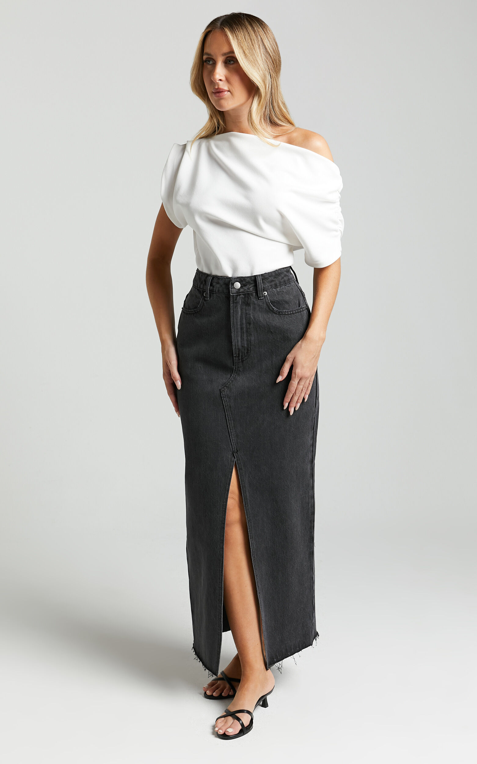 Washed black denim deals midi skirt 152-329