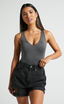 Mindae Shorts - Recycled Cotton Ripped Denim Shorts in Washed Black