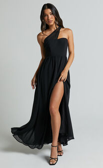 Amorette Maxi Dress - One Shoulder Detail Gown Dress in Black