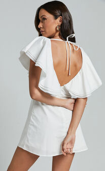 Mitchelle Mini Dress - Plunge Neck Cotton Babydoll Dress in White