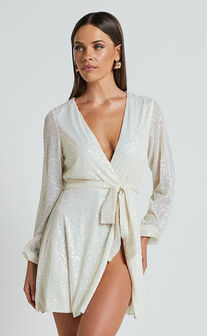 Three Of Us Mini Dress - Long Sleeve Wrap Dress in White Sequin