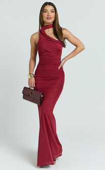 Larson Maxi Dress - Asymmetric Tie Neck Column Dress in Wine