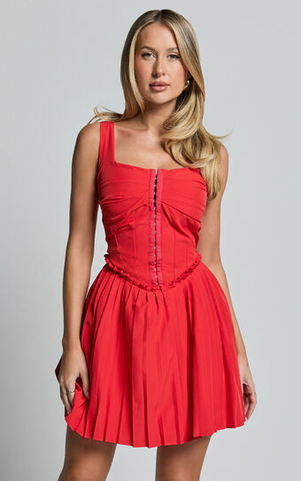 Adana Mini Dress - Fit and Flare Eyelet Corset Detail Mini Dress in Red