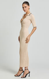 Lada Midi Dress - Short Sleeve Button Front Knit Dress in Cream/Black ...