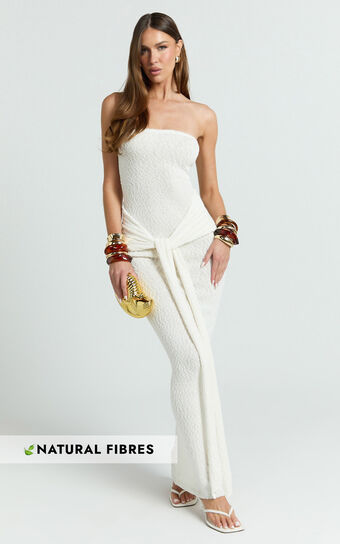 Ursula Maxi Dress - Strapless Tie Waist Boucle Knit Dress in Off White