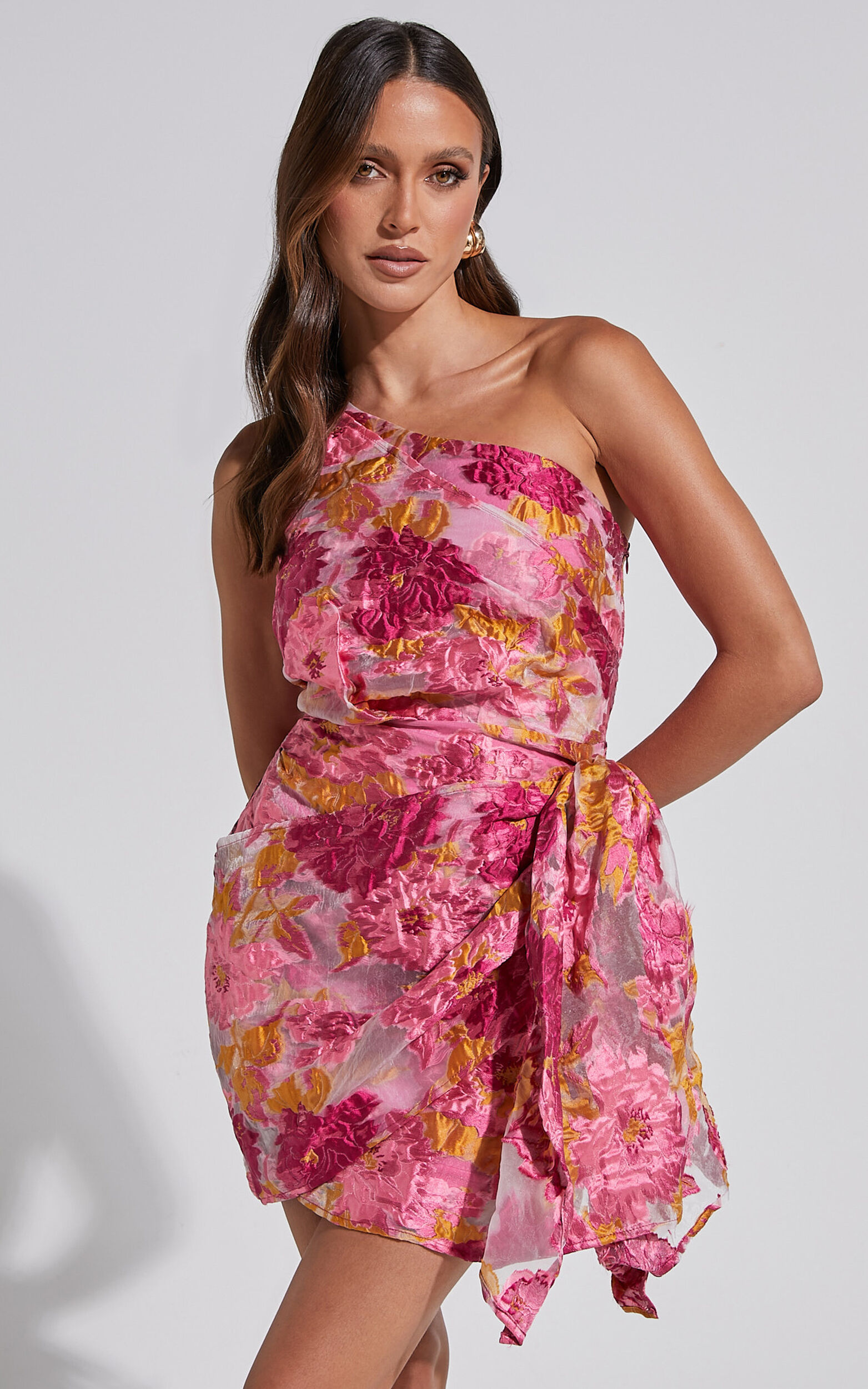 Brailey Mini Dress - One Shoulder Wrap Front Dress in Pink Jacquard - 04, PNK1