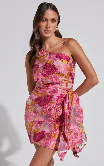 Brailey Mini Dress - One Shoulder Wrap Front Dress in Pink Jacquard