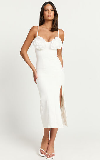 Benji Midi Dress - Ruffle Bodice Fitted Side Split Dress in Off White