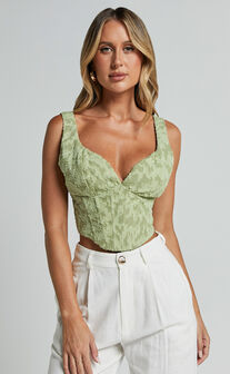 Haylee Top - Plunge Sweetheart Neck Jacquard Corset Top in Sage Floral