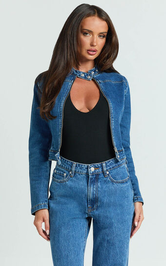 Pamela Jacket - Denim Biker Detail Long Sleeve Jacket in Dark Blue Wash