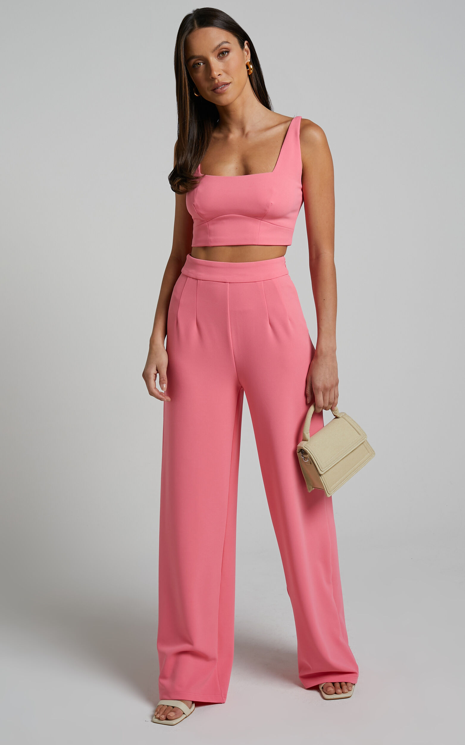 Elibeth Two Piece Set - Crop Top and High Waisted Wide Leg Pants Set in Bubblegum Pink - 04, PNK2