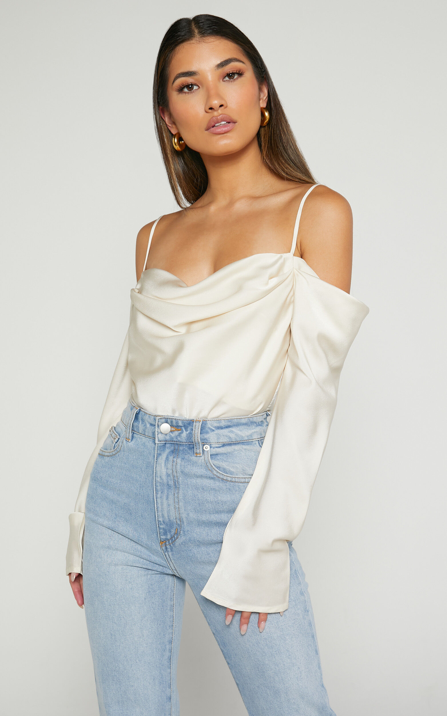 White satin off the sales shoulder top