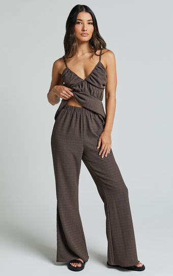 Suki Pants - Elasticated High Waist Wide Leg Textured Pants in Dark Oak