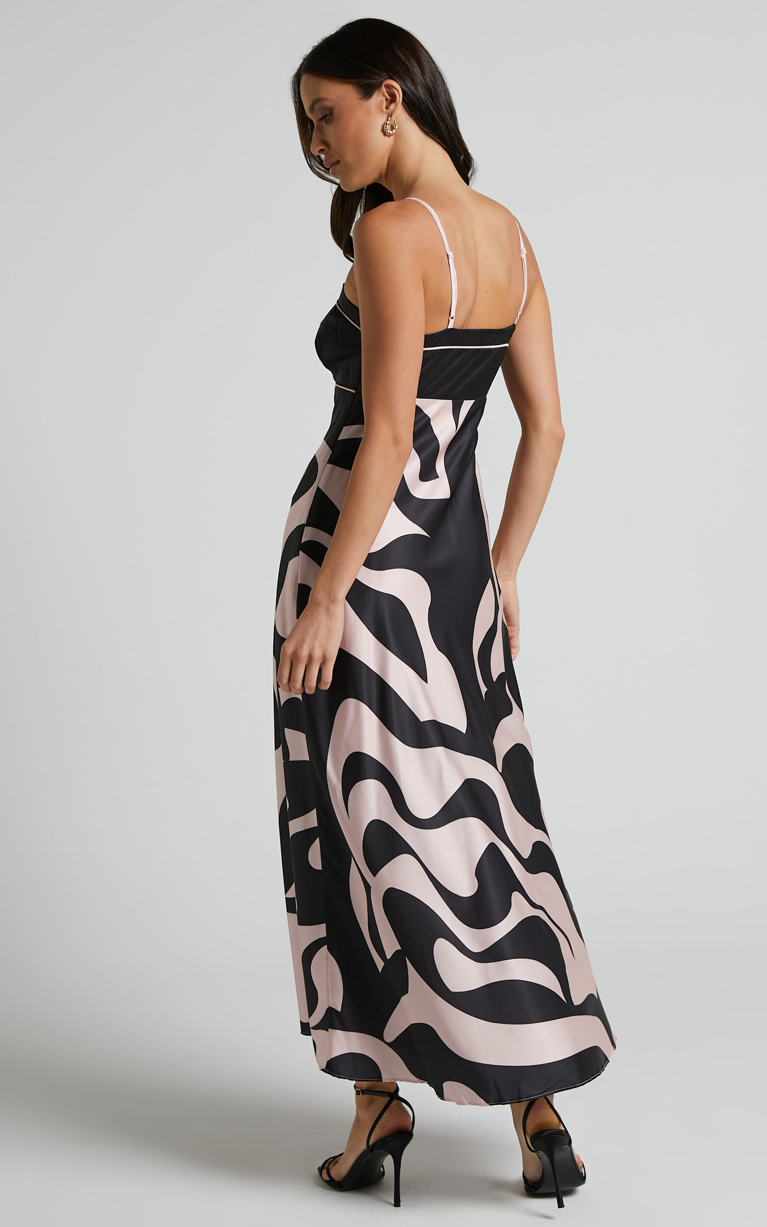 Angela Midi Dress Thin Strap A Line Dress in Black Cream Swirl