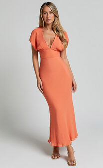 Desiree Midi Dress - V Neck Flutter Short Sleeve Slip Dress in Orange