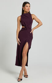 Millie Midi Dress - Front Twist Cut Out Thigh Split Dress in Plum | Showpo