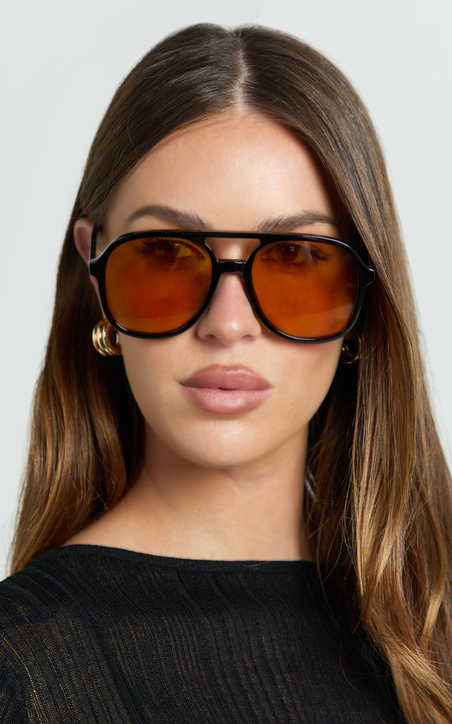Solene Aviator Sunglasses with Orange Lens in Black - NoSize, BLK1