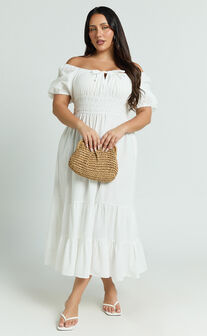 Claritza Midi Dress - Linen Look Short Puff Sleeve Square Neck Tiered Dress in White