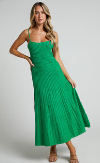 Donissa Midi Dress - Panelled Knit Dress in Green