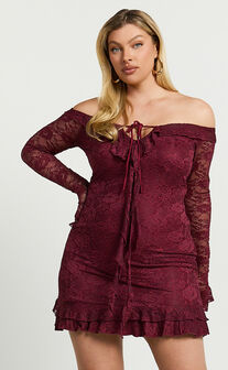 Theresa Mini Dress - Off Shoulder Tie Front Dress in Wine