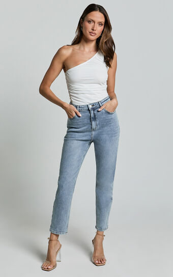 Lucilla Jeans - High Waisted Contour Fitted Denim Jeans in Mid Blue Wash Showpo