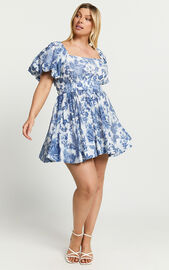Mira Mini Dress - Square Neck Balloon Sleeve Dress in Blue Floral | Showpo