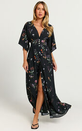 Inka Midi Dress - Short Sleeve Button Down Dress in Black Flower Field ...