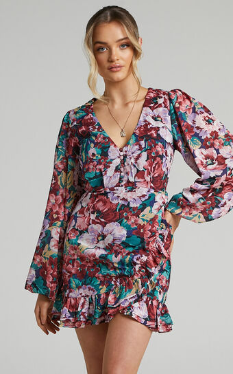 Andire Long Sleeve Frilled Hem Wrap Dress in Amorous Floral