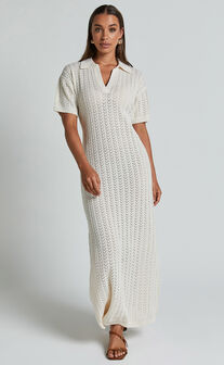 Mellissa Knitted Maxi Dress - Polo Neck Crochet Knitted Dress in Beige