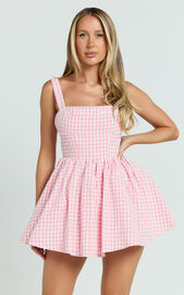 Caitlin Mini Dress - Gingham Square Neck Fit And Flare Dress in Pink ...