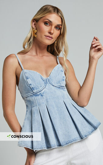 Amalie The Label - Addrianna Recycled Cotton Denim Cami in Light Blue Wash