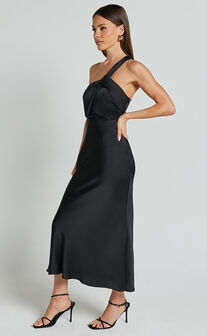 Carmella Midi Dress - One Shoulder Twist Detail Dress in Black