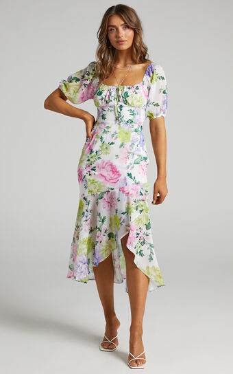Jasalina Midi Dress - Puff Sleeve Dress in Neon Floral