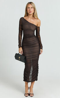Ellen Midi Dress - Asymmetric Mesh Ruched Bodycon Dress in Brown