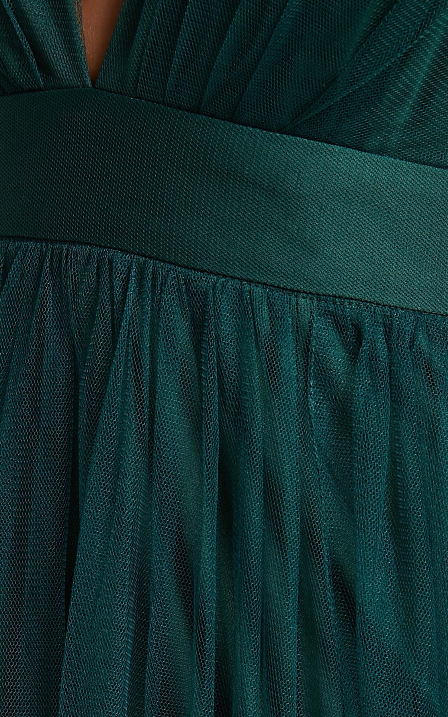 Celebrate Tonight Maxi Dress Plunge Neck Tulle Dress in Hunter