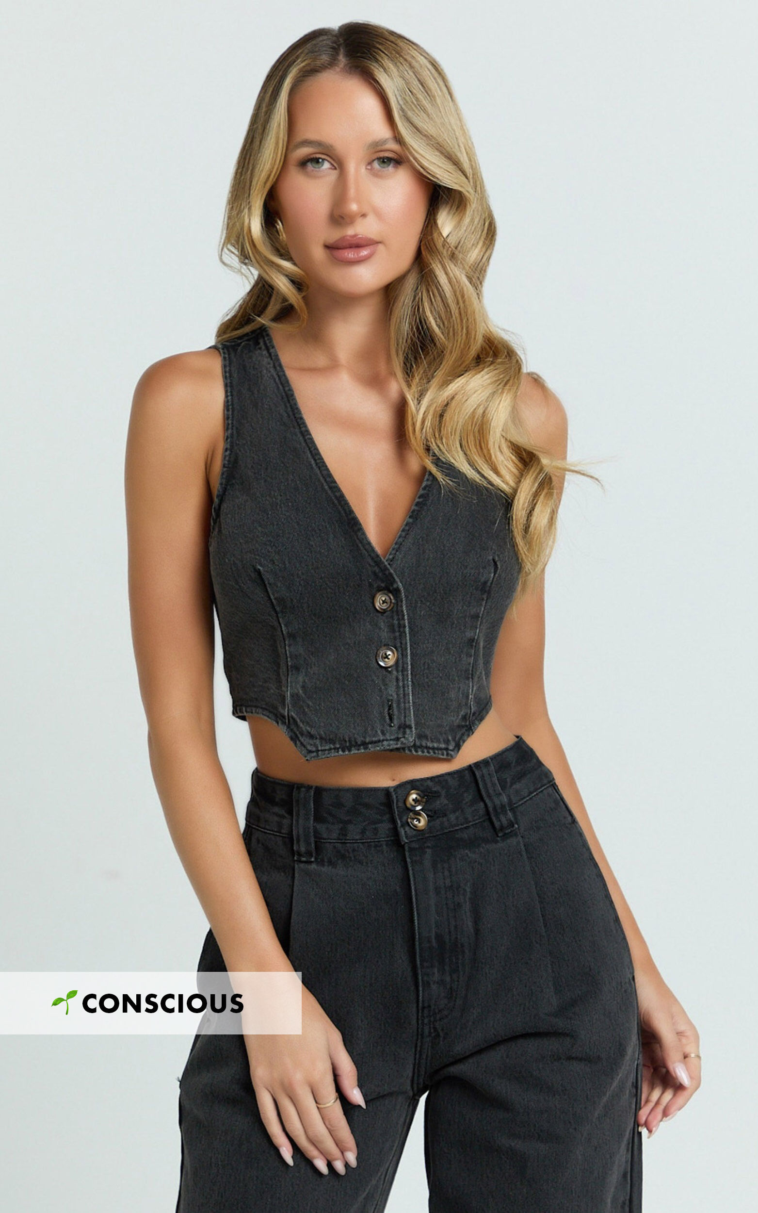 Fergie Top - Denim Crop Vest Top in Washed Black - 06, BLK1