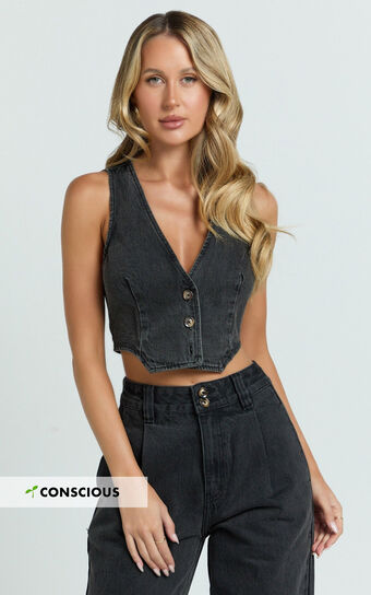 Fergie Top - Denim Crop Vest Top in Washed Black